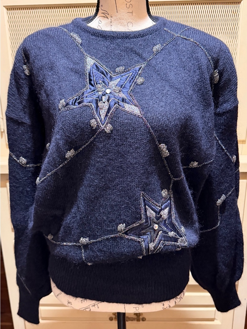 Vintage 80s Escada Mohair Celestial Star Satin Sequin Sweater